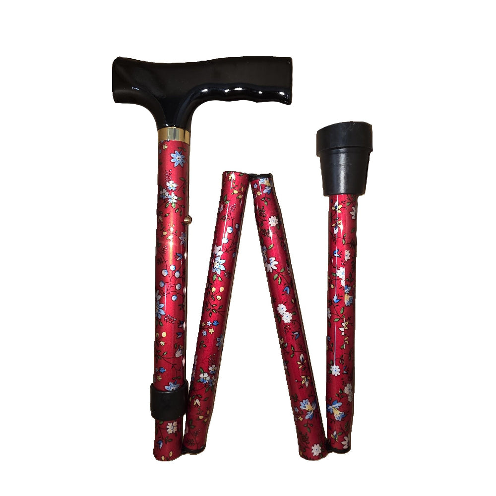 crimson floral folding walking stick